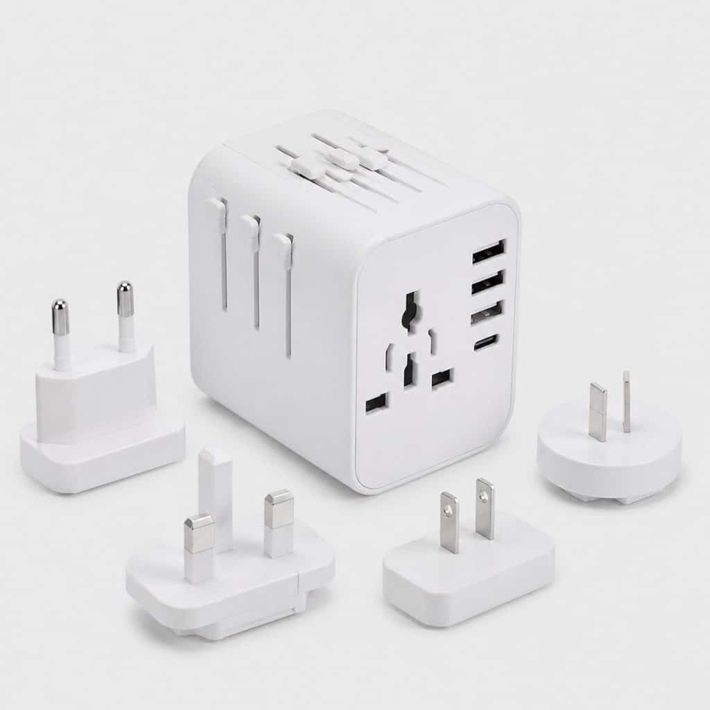 Adaptateur secteur de voyage avec plusieurs fiches interchangeables et ports USB