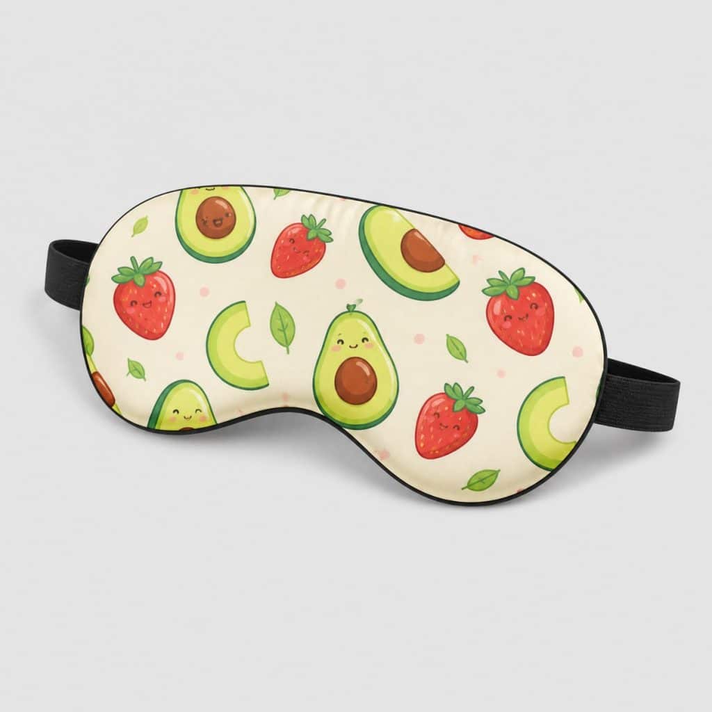 Masque de sommeil au motif fruits façon dessin animé, vue à plat