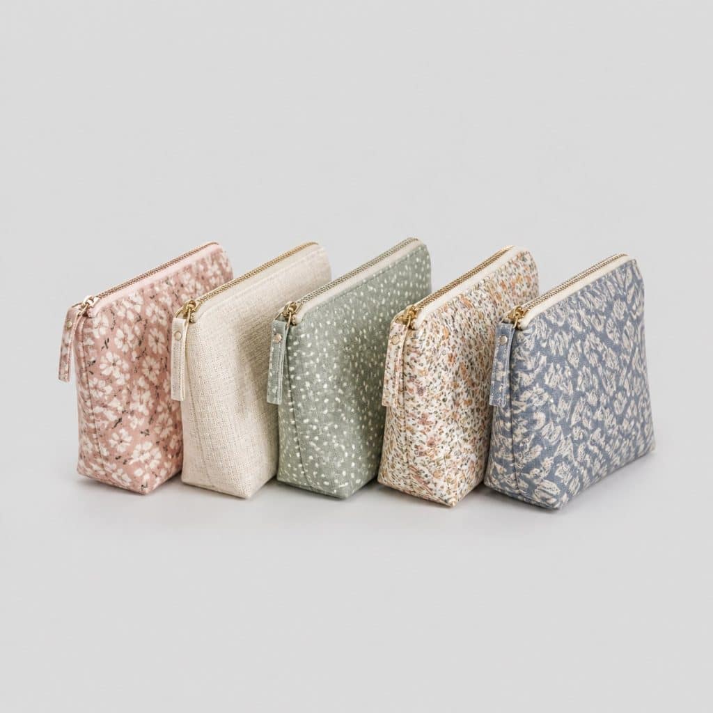 Lot de cinq pochettes en toile aux motifs colorés