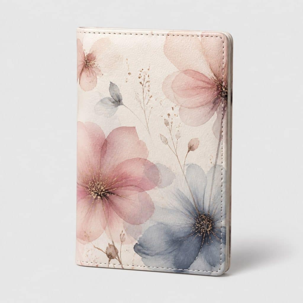 Étui à passeport aspect cuir avec motif floral aux contours vaporeux