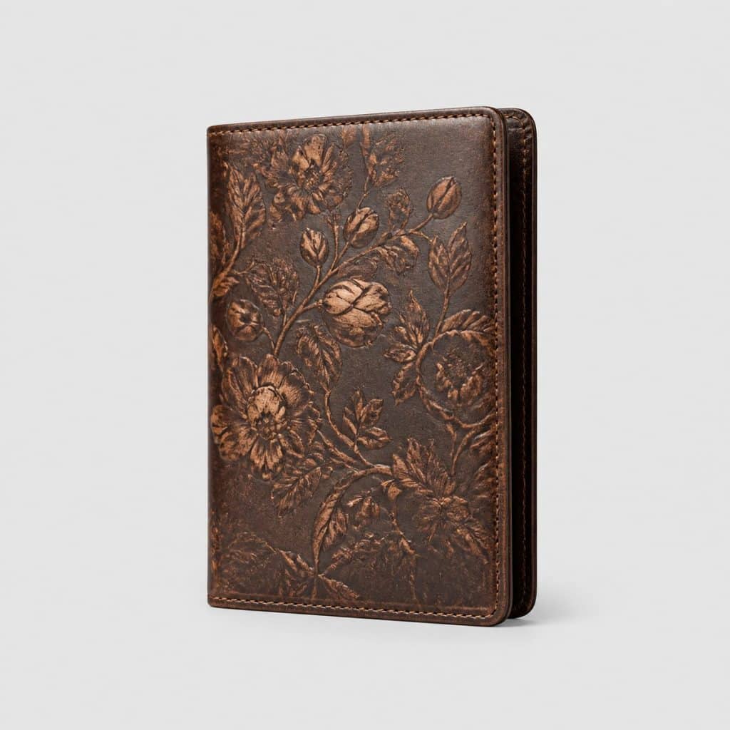 Étui à passeport en cuir marron avec motif floral d'inspiration ancienne