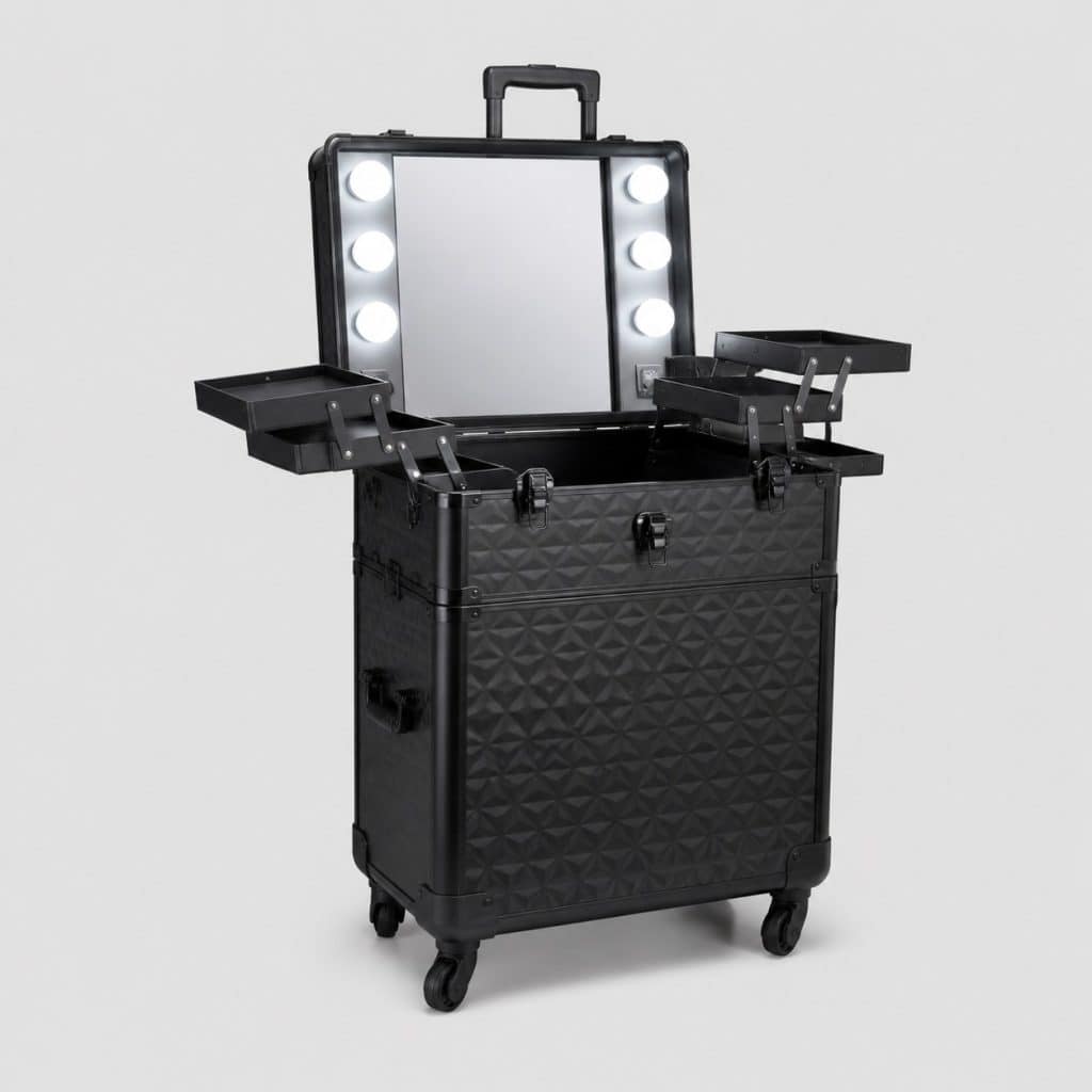 Mallette de maquillage à roulettes dépliée en poste de travail avec miroir lumineux