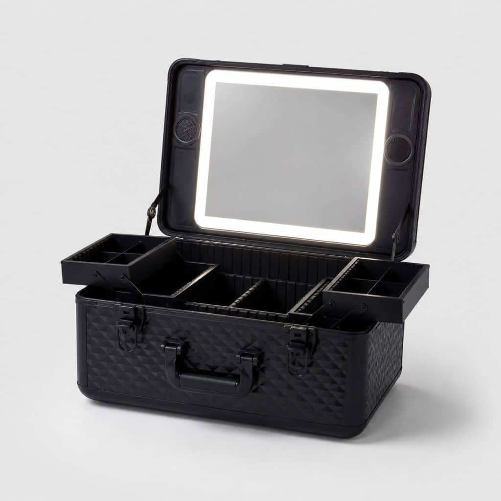 Mallette de maquillage à roulettes avec miroir LED, fermée, vue de face