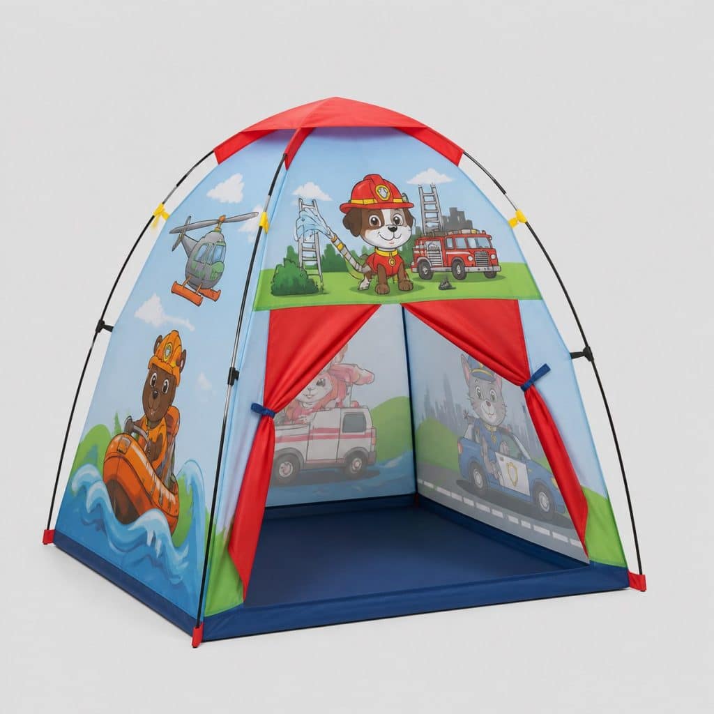 Tente pop-up enfant motif animaux secouristes colorés, vue studio